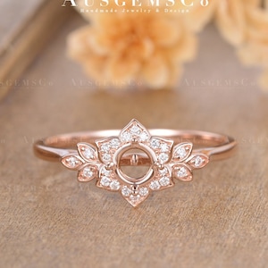 Antique Moissanite Engagement Ring Setting Rose Gold Diamond Halo Ring Setting Flower Floral Ring Bridal Vine Leaf Women