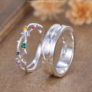 Birthstone Couples Ring Set For Men And Women Nature Inspired His And Hers Wedding Rings Rainbow Sapphire Vine Leaf Vintage White Gold Gift
