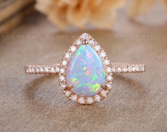 Vintage Pear Opal Engagement Ring Rose Gold Opal Diamond Halo Half Eternity Wedding Promise Women Bridal Anniversary Tear Drop Ring
