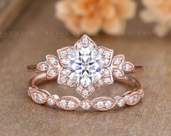 Vintage Moissanite Engagement Ring Set Halo Moissanite Flower Bridal Set Half Eternity Wedding Band Women Rose Gold Diamond Cluster Art Deco