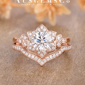 Rose Gold Bridal Sets Flower Moissanite Engagement Ring Antique Cluster Wedding Ring Women Curved Diamond Promise Unique Anniversary 2pcs