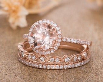 7mm Morganite Anello di Fidanzamento Set da sposa Oro rosa taglio rotondo Halo Diamond Donne Half Eternity Antique Wedding Ring Anniversary Gift 3 Pz