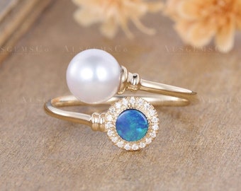 Natural Akoya Pearl Opal Engagement Ring Unique Blue Opal