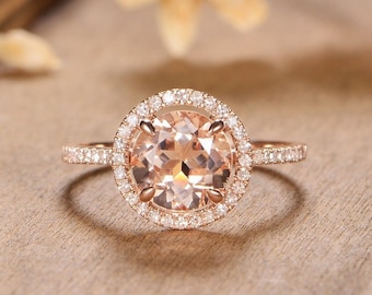 Halo Engagement Ring Morganite Rose Gold Ring Diamond Round Cut Unique Half Eternity Wedding Bridal Anniversary Gift For Women Promise Ring
