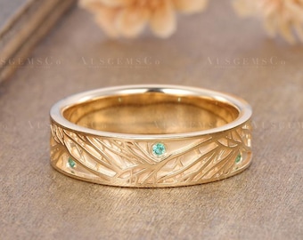 Fede nuziale da uomo da 5,5 mm, con smeraldo, ispirata alla natura, in oro giallo, stile vintage, stile Art Déco, con pietra portafortuna, regalo di anniversario