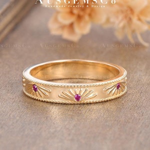 Flower Engraved Wedding Band Yellow Gold Ruby Floral Ring Minimalist Stacking Ring Antique Mens Wedding Band Birthstone Anniversary Gift