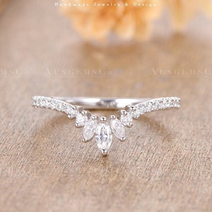 White Gold Wedding Band Custom Moissanite Curved Band Marquise Matching Band Stacking Ring Promise Wedding Bridal Anniversary Gift