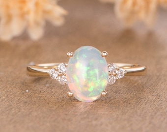 Antique Opal Engagement Ring Yellow Gold Oval Cut Natural Opal Bridal Cluster October Birthstone Half Eternity Diamond Women Anniversary