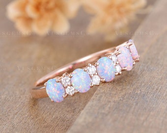 Opal Wedding Band Women Oval Opal And Moissanite Band Unique Rose Gold Half Eternity Ring Classic Matching Band Dainty Ring Anniversary Gift