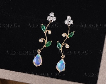 Natural Australian Opal Drop Earring, Vine Marquise Natural Emerald Drop Earring, Diamond Flower Long Dangle Earring, Gift For Best Friend