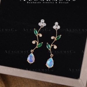 Natural Australian Opal Drop Earring, Vine Marquise Natural Emerald Drop Earring, Diamond Flower Long Dangle Earring, Gift For Best Friend