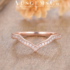 Unique Diamond Wedding Band Women Art Deco Curved Matching Band Rose Gold Woman Minimalist Stacking Delicate Ring Bridal Promise Anniversary