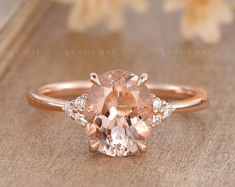 8x10mm Oval Cut Morganite Engagement Ring Rose Gold Bridal Ring Cluster Solitaire Half Eternity Diamond Women Anniversary Antique Wedding