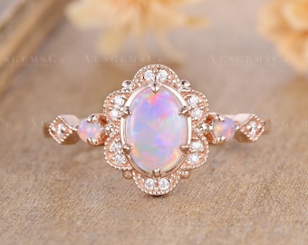 Antique Flower Opal Engagement Ring Rose Gold Oval Fire Opal Wedding Ring Women Diamond Halo Ring Unique Milgrain Floral Ring Bridal Gift