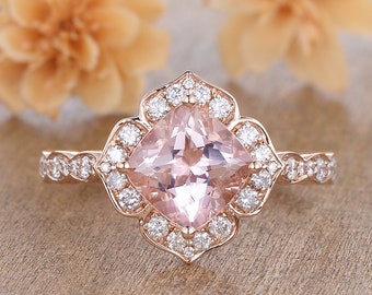 Antique Morganite Engagement Ring Rose Gold Flower Floral Diamond Halo Ring Round Cut Pink Morganite Ring Bridal Vine Leaf Women Ring