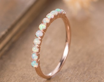 Opal Wedding Band Women Rose Gold October Birthstone Stacking Matching Delicate Bridal Anniversary Gift Promise Half Eternity Pave