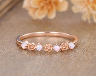 Anello nuziale vintage con fiore, da donna, in opale, in oro rosa, unico, con fascia in opale naturale, anello floreale delicato, regalo di anniversario per lei