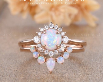 Opal Engagement Ring Rose Gold Flower Opal Bridal Set Halo Moissanite Wedding Ring Pear Shaped Opal Chevron Band Vintage Woman Ring Antique