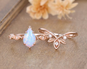 Vintage Opal Engagement Ring Set Rose Gold Pear Cut Opal Bridal Set Vine Leaf Wedding Rings Moissanite Marquise Band Unique Anniversary Gift