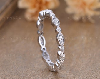 Vintage Moissanite Wedding Band Women White Gold Art Deco Full Eternity Diamond Wedding Ring Delicate Dainty Stacking Matching Anniversary