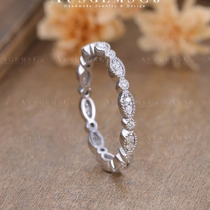 Vintage Moissanite Wedding Band Women White Gold Art Deco Full Eternity Diamond Wedding Ring Delicate Dainty Stacking Matching Anniversary