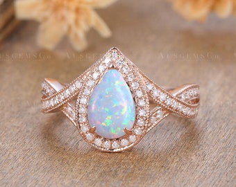 9x6mm Pear Shaped Opal Engagement Ring Rose Gold Halo Diamond Infinity Band Bridal Women Ring Lab Opal 6x9mm Wedding Ring Anniversary Ring