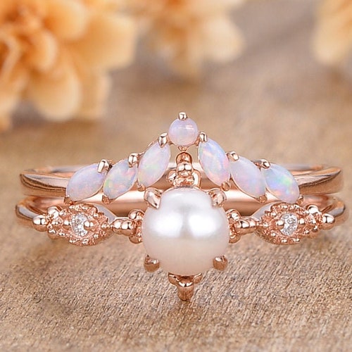 Pearl Engagement Ring Set Rose Gold 