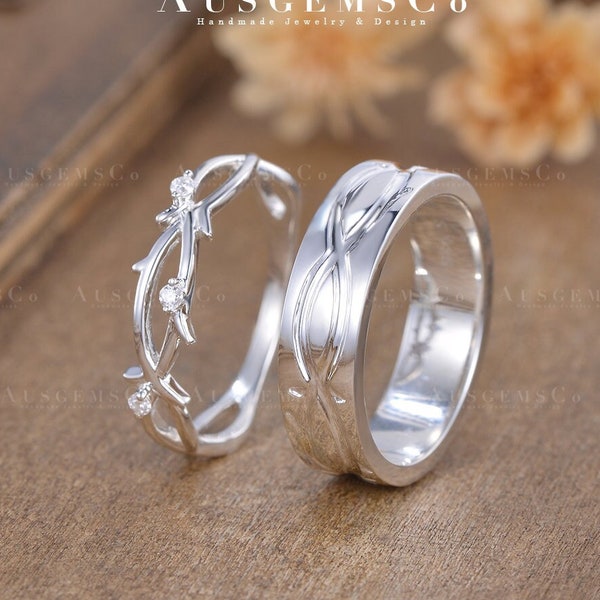 Couples Ring Set For Men And Women Wedding Ring Set Men Comfort Fit Wedding Band Vintage Diamond Ring White Gold Ring Vine Leaf Anniversary
