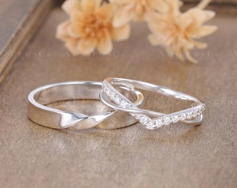 Set di anelli per coppie, per uomo e donna, con moissanite, per uomo, con fede nuziale, vintage, infinito, in oro bianco, con fascia intrecciata, regalo di anniversario.