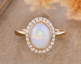 Natural Opal Engagement Ring Rose Gold Oval Cut Fire Opal Halo Diamond Wedding Ring Women Bezel Set Antique Promise Anniversary Bridal Gift