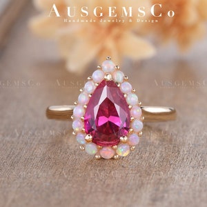 Vintage Ruby Engagement Ring Rose Gold Pear Shaped Opal Halo Ring Unique Bridal Ring Set Vintage Ring Wedding Ring Set Birthstone Ring