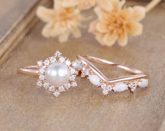 Vintage Akoya Pearl Engagement Ring Set Halo Moissanite Flower Bridal Set Unique Marquise Opal Cluster Art Deco Birthstone Anniversary Gift