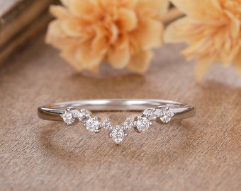 Curved Diamond Wedding Band White Gold Custom Made Personalized Ring Chevron Shaped Matching Stacking Ring Delicate Dainty Band Wedding Ring