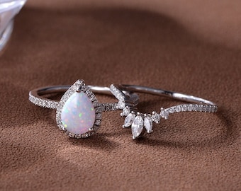 Vintage Pear Opal Engagement Ring Set White Gold Lab Opal Bridal Set Halo Moissanite Wedding Ring Women Marquise Art Deco Ring Anniversary