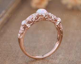 Vintage Opal Engagement Ring Rose Gold Half Eternity Ring Lab Opal Wedding Ring For Women Filigree Ring Bridal Antique Promise Gift For Her