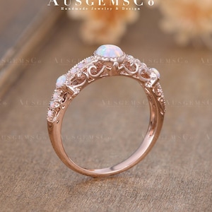 Vintage Opal Engagement Ring Rose Gold Half Eternity Ring Lab Opal Wedding Ring For Women Filigree Ring Bridal Antique Promise Gift For Her