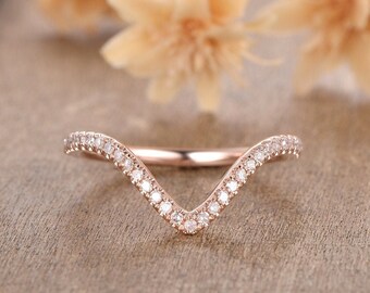 V-Shaped Wedding Band Rose Gold Diamond Wedding Band Minimalist Curved Wedding Band Anniversary Gift Bridal Ring Half Eternity Diamond Ring