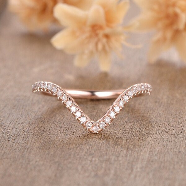V-Shaped Wedding Band Rose Gold Diamond Wedding Band Minimalist Curved Wedding Band Anniversary Gift Bridal Ring Half Eternity Diamond Ring