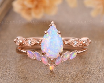 Pear Opal Engagement Ring Set Rose Gold Bridal Set Dainty Opal Wedding Ring Set Unique Solitaire Diamond Eternity Birthstone Curve 2 Rings
