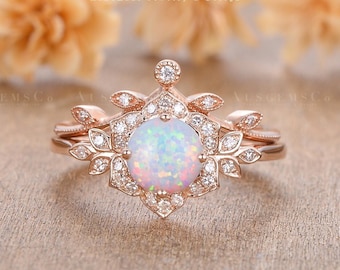 Antique Opal Engagement Ring Set 2pcs Rose Gold Opal Bridal Set Diamond Halo Flower Floral Ring Round Cut Lab Opal Ring Vine Leaf Women Ring