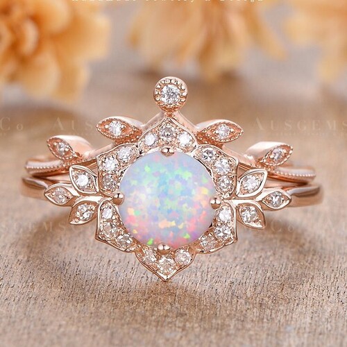 Flower Opal Engagement Ring Set Antique 2pcs Rose Gold Opal - Etsy