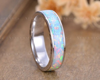 Full Eternity Opal Wedding Band for Her and Him 14K 18K Rose Gold Ring Fire Opal Thumb Ring Mens Wedding Band Anniversary Ring Gift for Her