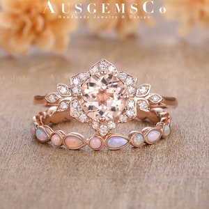 Antique Flower Morganite Engagement Ring Set Rose Gold Cluster Bridal Set Vintage Halo Flora Wedding Ring Women Vine Leaf Natural Opal 2pcs