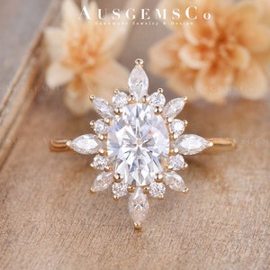 Vintage moissanite engagement ring 14k rose gold diamond band Oval moissanite rings Art deco ring wedding woman Unique Anniversary Promise
