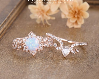 Unique Opal Engagement Ring Set Halo Moissanite Flower Bridal Set Vintage 3/4 Eternity Daimond Cluster Vine Leaf Asymmetric Anniversary 2pcs