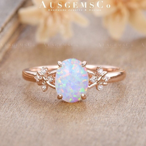 Antique Opal Engagement Ring Rose Gold Diamond Cluster Flower Floral Ring Oval Shaped Lab Opal Bridal Ring Vine Leaf Women Anniversary Ring