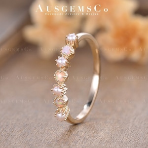 Opal Pearl Wedding Band Women Vintage Yellow Gold Australian Opal Ring Half Eternity Ring Stackable Ring Antuqie Anniversary Gift For Her