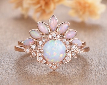 Flower Opal Engagement Ring Set Antique 2pcs Rose Gold Opal Bridal Set Diamond Halo Floral Ring Round Cut Lab Opal Ring Vine Leaf Women Ring