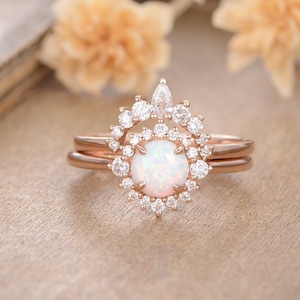 Rose Gold Opal Engagement Ring Moissanite Diamond Halo Curved Eternity Birthstone Bridal Wedding Ring Promise Anniversary Gift For Women