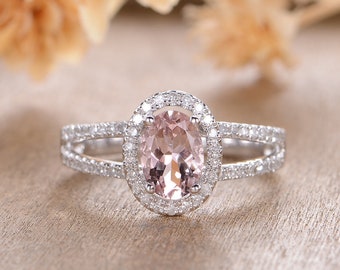 Morganite Engagement Ring Oval Cut Halo Diamond Split Shank White Gold Bridal Women Wedding Ring Cage Half Eternity Anniversary Gift